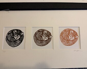 Sleeping Kittens Lino Block Prints