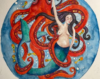 Watercolor painting of mermaid and octopus