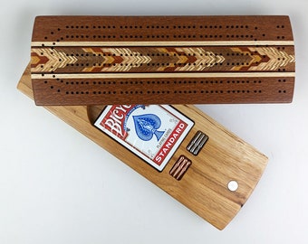 2 player LEOPARDWOOD Continuous Track Cribbage Board, Card and Peg Storage Heirloom Quality Chevron Handmade Wooden Images Montana