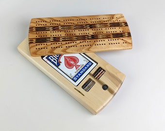 HICKORY 3p Travel Cribbage Board Card and Peg Storage Heirloom Quality Handmade by Wooden Images Montana