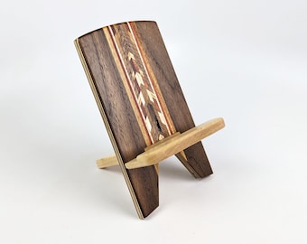 phone stand, Walnut Maple, device holder, docking stand, desktop, nightstand, countertop, handmade by Wooden Images Montana