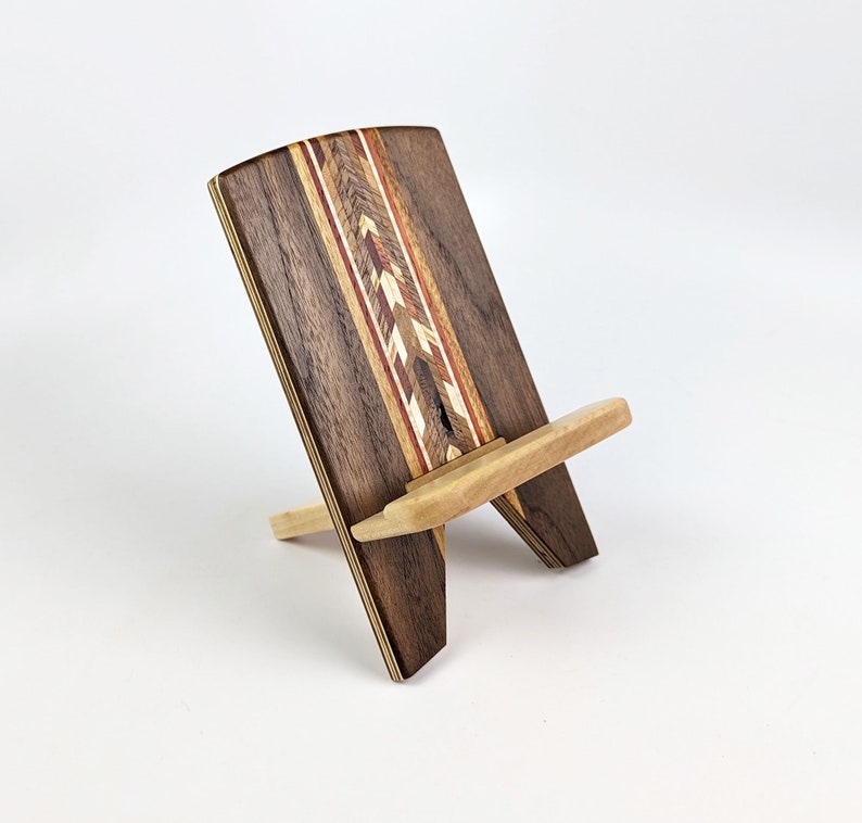 phone stand, Walnut Maple, device holder, docking stand, desktop, nightstand, countertop, handmade by Wooden Images Montana image 1