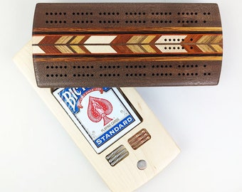 WALNUT 2pTravel Cribbage Board Card Peg Storage Heirloom Quality Natural eco Handmade Wooden Images Montana family game