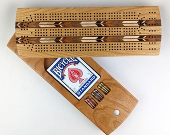 3 player CHERRY Continuous Track Cribbage Board, Card and Peg Storage Heirloom Quality Chevron Handmade Wooden Images Montana