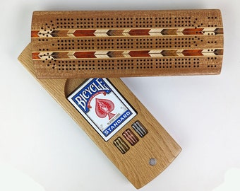 3 player SAPELE OAK  Continuous Track Cribbage Board, Card and Peg Storage Heirloom Quality Chevron Handmade Wooden Images Montana