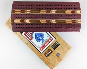 PURPLEHEART 3p Travel Cribbage Board Card and Peg Storage Heirloom Quality Handmade by Wooden Images Montana