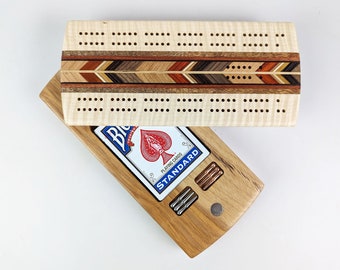 MAPLE/WALNUT  2pTravel Cribbage Board Card Peg Storage Heirloom Quality Natural eco Handmade Wooden Images Montana family game