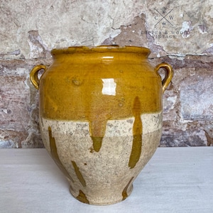 Tarro de confitura francés antiguo / Tarro de terracota esmaltada en amarillo del siglo XIX / Decoración rústica de granja