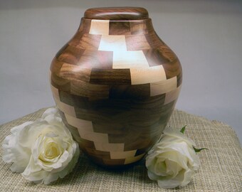 Urn|Wood Urn|Cremation Urn|Urn for Human Ashes|Full Size Urn|Cremate Urn|Turned Wood Urn|Funeral Urn|American Made|Two Color Urn|Funeral Urn