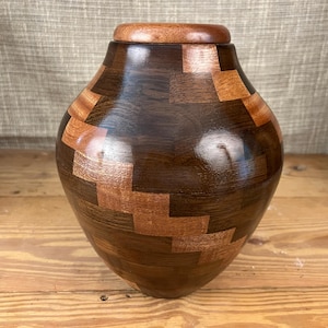 Urn|Wood Urn|Cremation Urn|Urn for Human Ashes|Full Size Urn|Cremate Urn|Turned Wood Urn|Funeral Urn|American Made|Two Color Urn|Funeral Urn