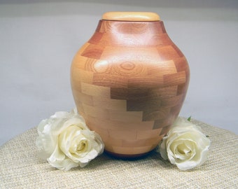 Urn|Wood Urn|Cremation Urn|Urn for Human Ashes|Full Size Urn|Cremate Urn|Turned Wood Urn|Funeral Urn|American Made|Two Color Urn|Funeral Urn