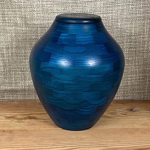 Hand Turned Red Oak Cremation Urn Blue Dyed