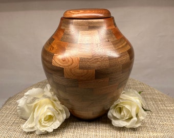 Urn|Wood Urn|Cremation Urn|Urn for Human Ashes|Full Size Urn|Cremate Urn|Turned Wood Urn|Funeral Urn|American Made|Two Color Urn|Funeral Urn