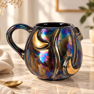 Handmade Iridescent Ceramic Moon Mug, 24K Gold Accents, 17 oz Celestial Coffee Cup
