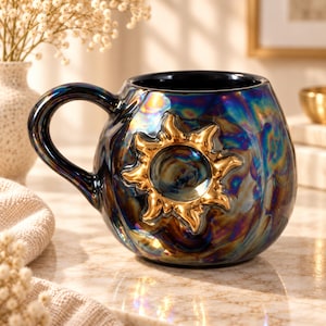 Handmade Sun Ceramic Mug, 24K Gold Accents, Iridescent Celestial Glaze, 17 oz