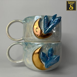 Crystal Moon Handmade Ceramic Mug,Handmade Ceramic Moon & Crystal Mug with 24K Gold Paint - Perfect Gift for Mom, Lover, or Family