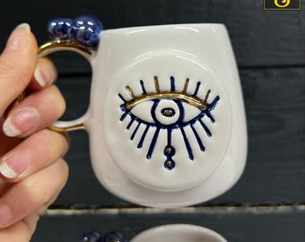 Evil Eye handgemachte Keramiktasse, 100% handgemacht, 24K Goldvergoldung, am besten für Küche, übergroße Tasse, Kaffeetasse, die beste Geschenkwahl für Love Ones