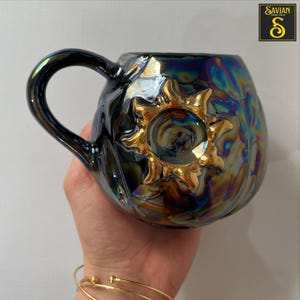Handmade Ceramic Mug with Sun Design | 24K Gold Painted Coffee Cup | Iridescent Pottery Gift, Boho Sun Ceramic Mug, Artisan Handmade Sun Mug