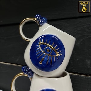 Evil Eye handgemachte Keramiktasse, 100% handgemacht, 24K Goldvergoldung, am besten für Küche, übergroße Tasse, Kaffeetasse, die beste Geschenkwahl für Love Ones