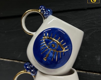 Evil Eye handgemachte Keramiktasse, 100% handgemacht, 24K Goldvergoldung, am besten für Küche, übergroße Tasse, Kaffeetasse, die beste Geschenkwahl für Love Ones