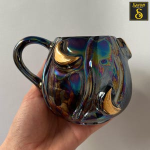Handmade Ceramic Moon Mug with 24K Gold Paint | Iridescent Galaxy Cup | Celestial Pottery Gift for Tea or Coffee Lovers, Lunar Boho Coffee