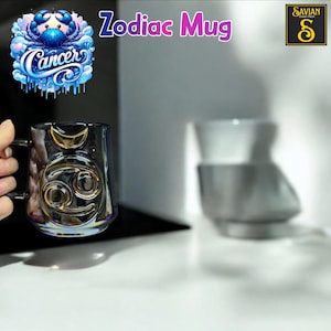 Taza hecha a mano del zodiaco Cáncer con pintura de oro de 24 quilates, regalo astrológico único para ella o para él, taza de café con el signo del zodiaco celestial, taza con el signo del horóscopo