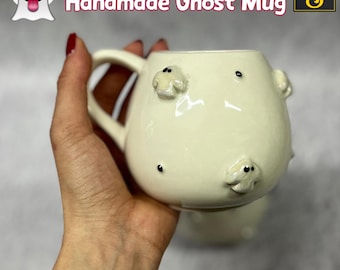 Handgemachte Geister-Tasse | Niedliche Halloween-Kaffeetasse, gruselige Keramiktasse für Sie und Ihn, lustiges Boo Trinkgeschirr, 17 Unzen große Tasse, Kaffee- und Tee-Liebhaber