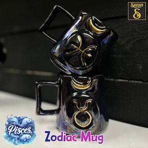 Taza de café del zodiaco Piscis / Hecha a mano con detalles en oro de 24 quilates / Regalo astrológico para ella o para él / Taza de té de cerámica con el signo del horóscopo, regalo del zodiaco