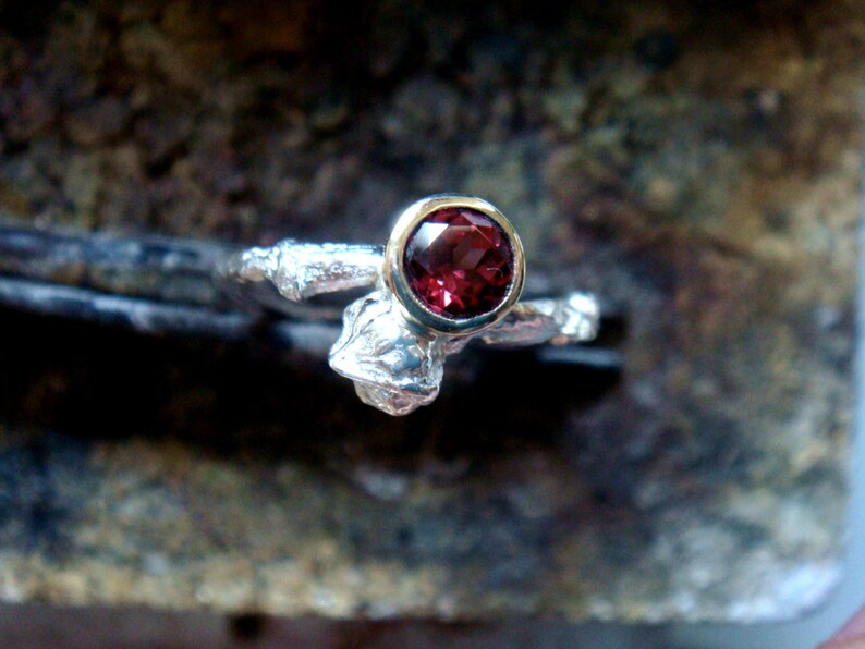 natural red garnet ring, twig engagement ring, branch engagement ring, stackable, sterling silver and 9k gold bezel, january birthstone image 4