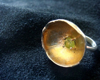 Keumboo Gold Leaf Peridot Ring, Recycled Fine Silver