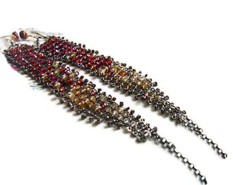 long red earrings, long garnet earrings - RED CANARY WHARF - tassel earring, garnet, citrine, 5" ,red, orange, yellow, black, patina