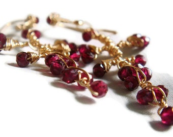 red garnet earrings, garnet dangle earrings gold filled BUDDING TWIG I   2" long, january birthstone gold red gemstone earrings,red and gold