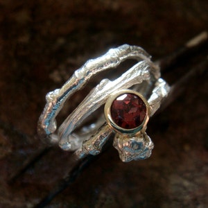 garnet wedding ring set/  garnet stacking ring, sterling silver and 9k gold bezel, made in your size