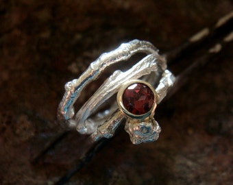 garnet wedding ring set/  garnet stacking ring, sterling silver and 9k gold bezel, made in your size