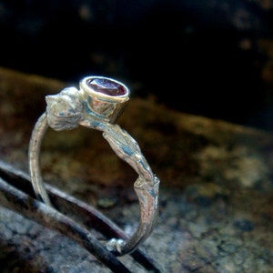 natural red garnet ring, twig engagement ring, branch engagement ring, stackable, sterling silver and 9k gold bezel, january birthstone image 2