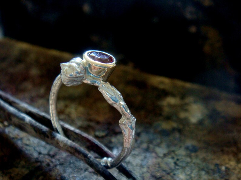 natural red garnet ring, twig engagement ring, branch engagement ring, stackable, sterling silver and 9k gold bezel, january birthstone image 2