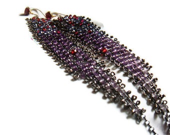 long silver earrings - PURPLE CANARY WHARF- special occasion, red carpet, iolite, garnet, amethyst, 5", blue, red, purple with patina