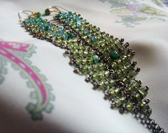 long green earrings, GREEN CANARY WHARF, 5" sterling silver, peridot, apatite, emerald, green, blue and black