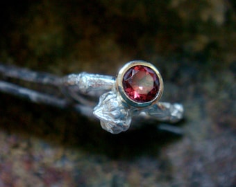 natural red garnet ring, twig engagement ring, branch engagement ring, stackable, sterling silver and 9k gold bezel, january birthstone