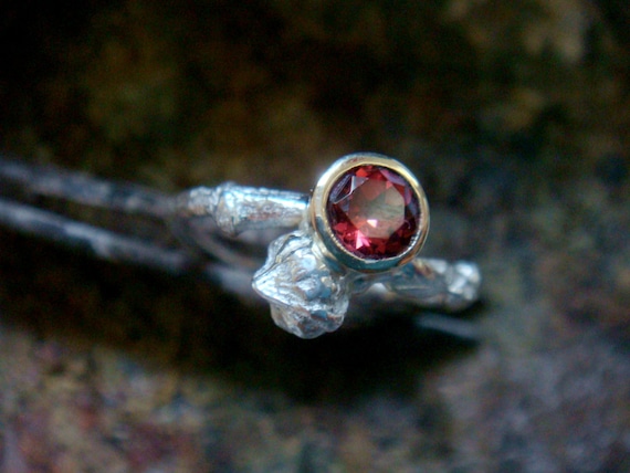 natural red garnet ring, twig engagement ring, branch engagement ring, stackable, sterling silver and 9k gold bezel, january birthstone