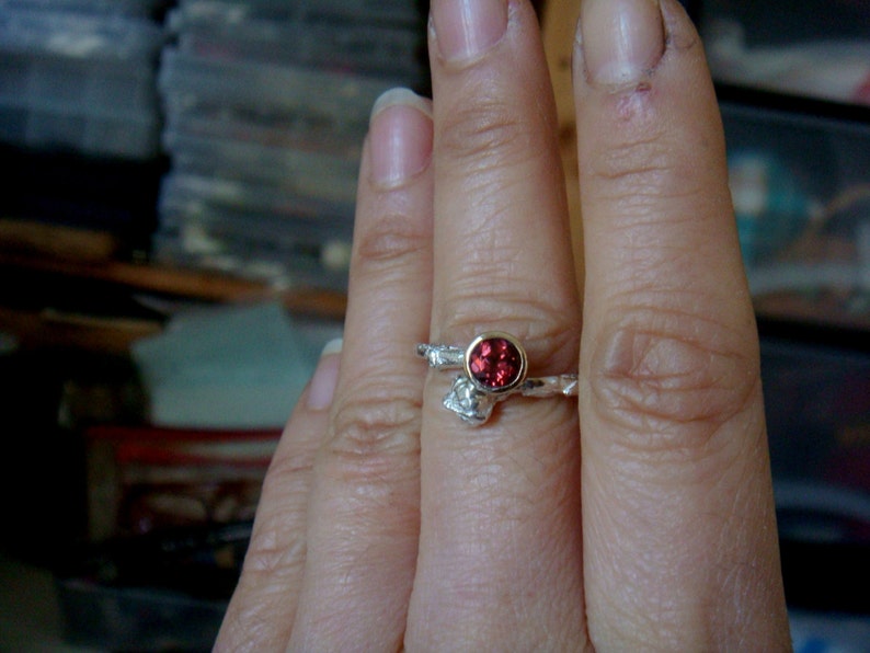 natural red garnet ring, twig engagement ring, branch engagement ring, stackable, sterling silver and 9k gold bezel, january birthstone image 5