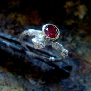 natural red garnet ring, twig engagement ring, branch engagement ring, stackable, sterling silver and 9k gold bezel, january birthstone image 3