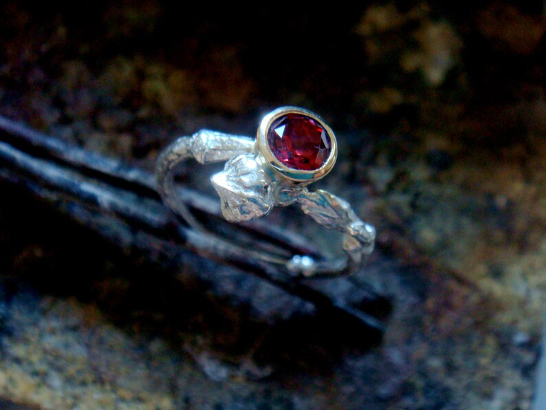 natural red garnet ring, twig engagement ring, branch engagement ring, stackable, sterling silver and 9k gold bezel, january birthstone image 3