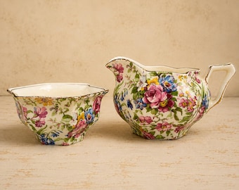 Vintage Royal Winton Grimwades Summertime Chintz Creamer & Sugar Bowl Set England Floral China