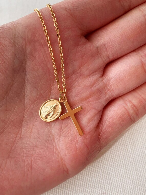 Virgin Mary Necklace Gold Cross Necklace Miraculous Medal