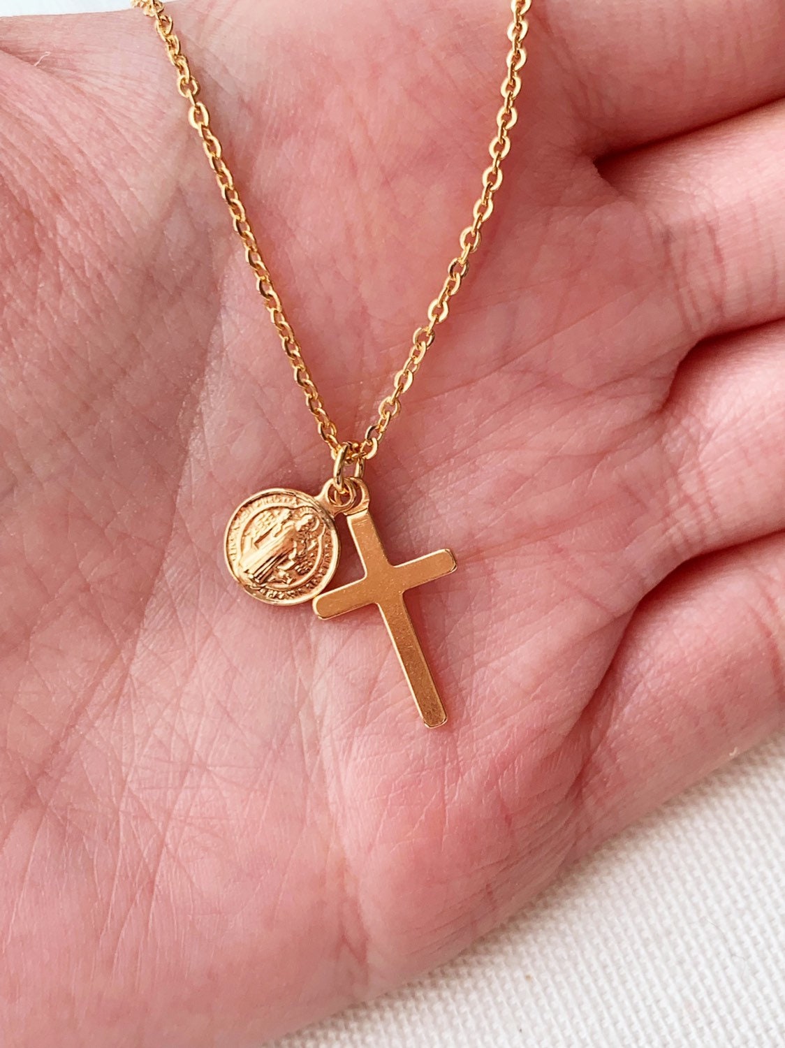 St Benedict Necklace Gold Cross Necklace Circle Coin Necklace