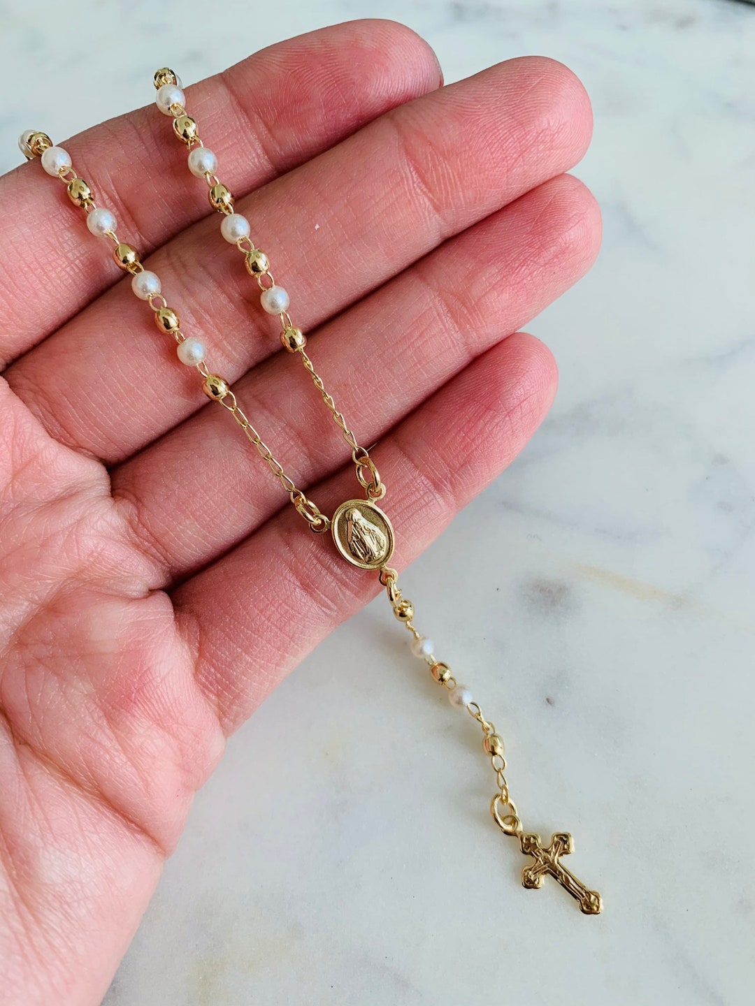 Pearl Rosary Necklace Rosary First Communion Catholic Rosary Cross