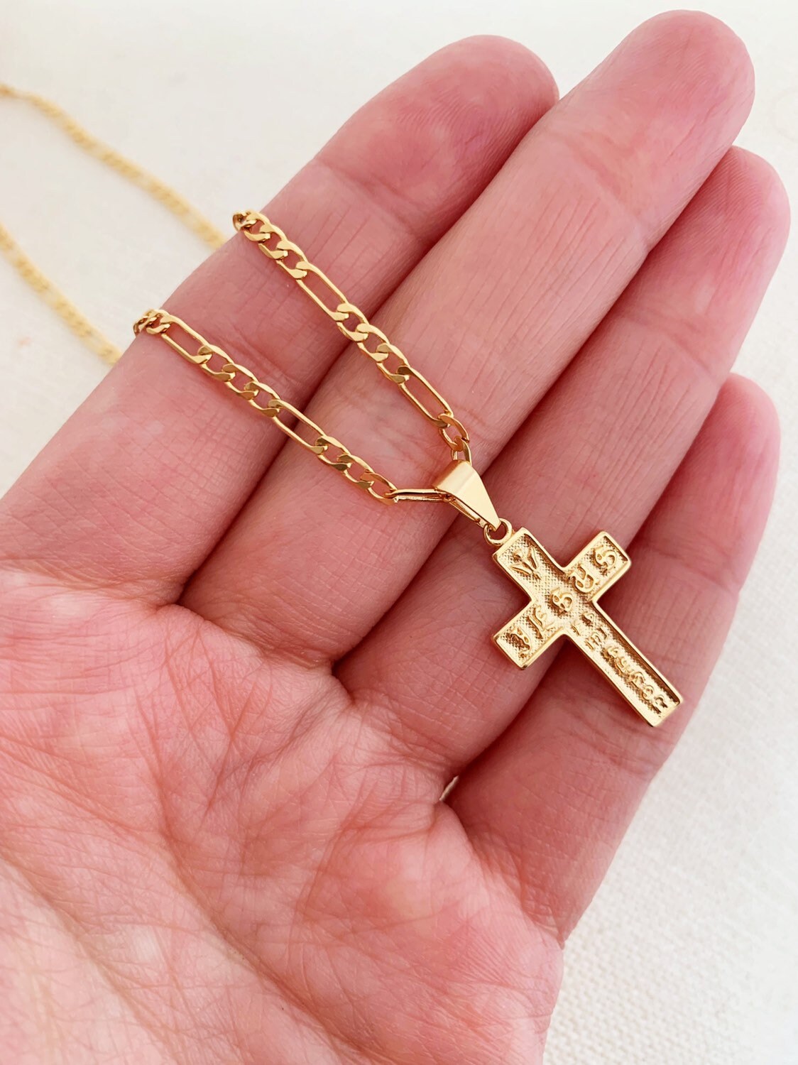 Cross Necklace Figaro Chain Gold Filled Necklace Necklace Etsy
