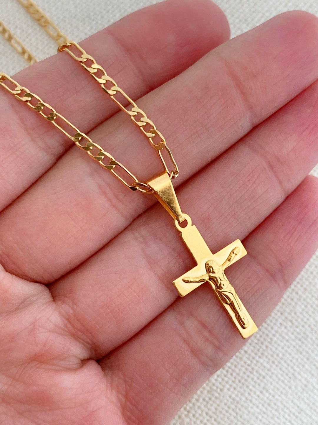 Cross Necklace Figaro Chain Gold Filled Necklace Necklace Etsy