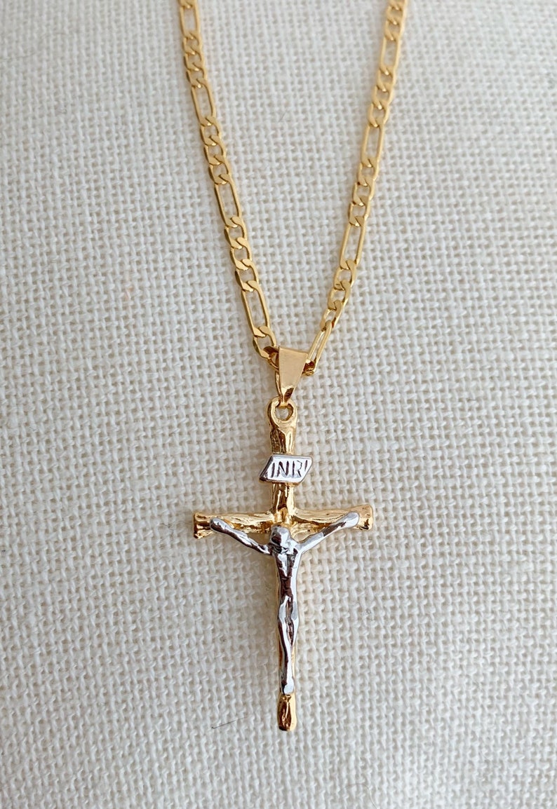 Cross Necklace Figaro Chain Gold Filled Necklace Necklace Etsy